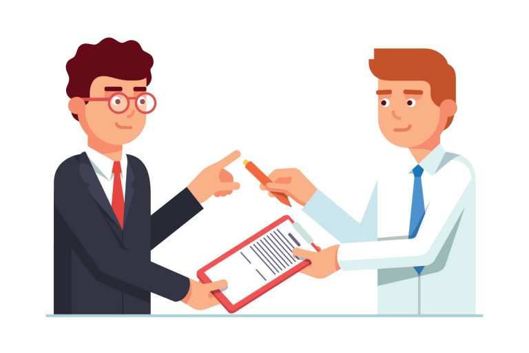 Salesman passing contract document with penSalesman passing contract document with pen