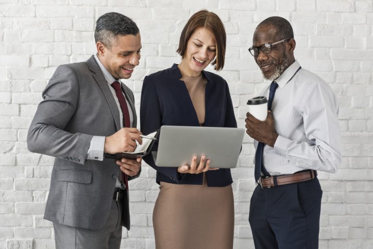 A diverse set of employees working together